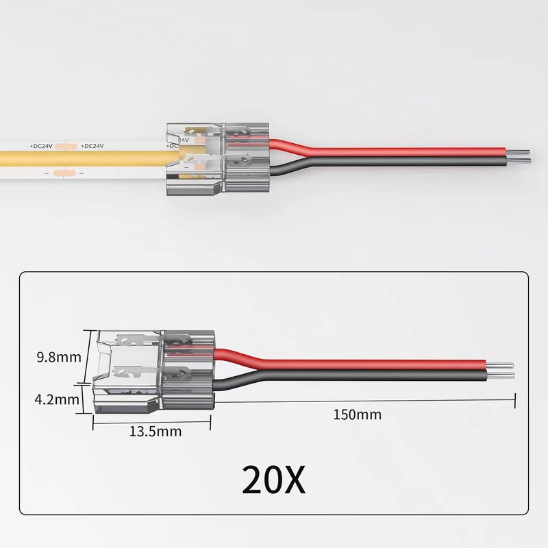VISDOLL 20 Pack COB LED Connectors, Single-Ended Extension Cable 15CM Solderless Pin Header 2Pin 8mm Transparent PC Low Voltage Single Color Light Strip Cable, Suitable for DIY COB/SMD Light Strips - Image 3